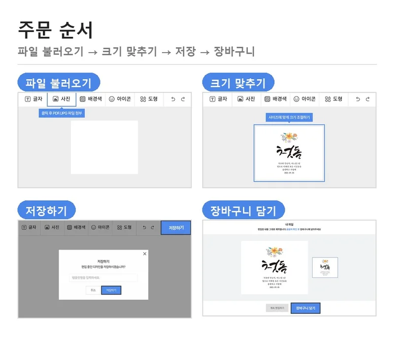 편집기에서 파일을 불러오고 크기를 맞춘 뒤 저장하고 장바구니에 담는 화면