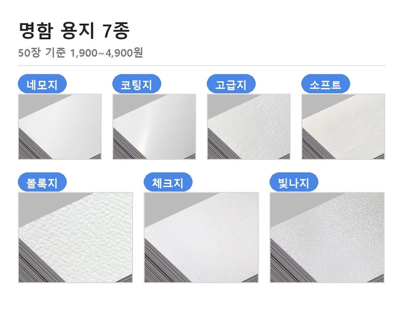 명함 제작 용지 7종 — 네모지·코팅지·고급지·소프트·볼록지·체크지·빛나지
